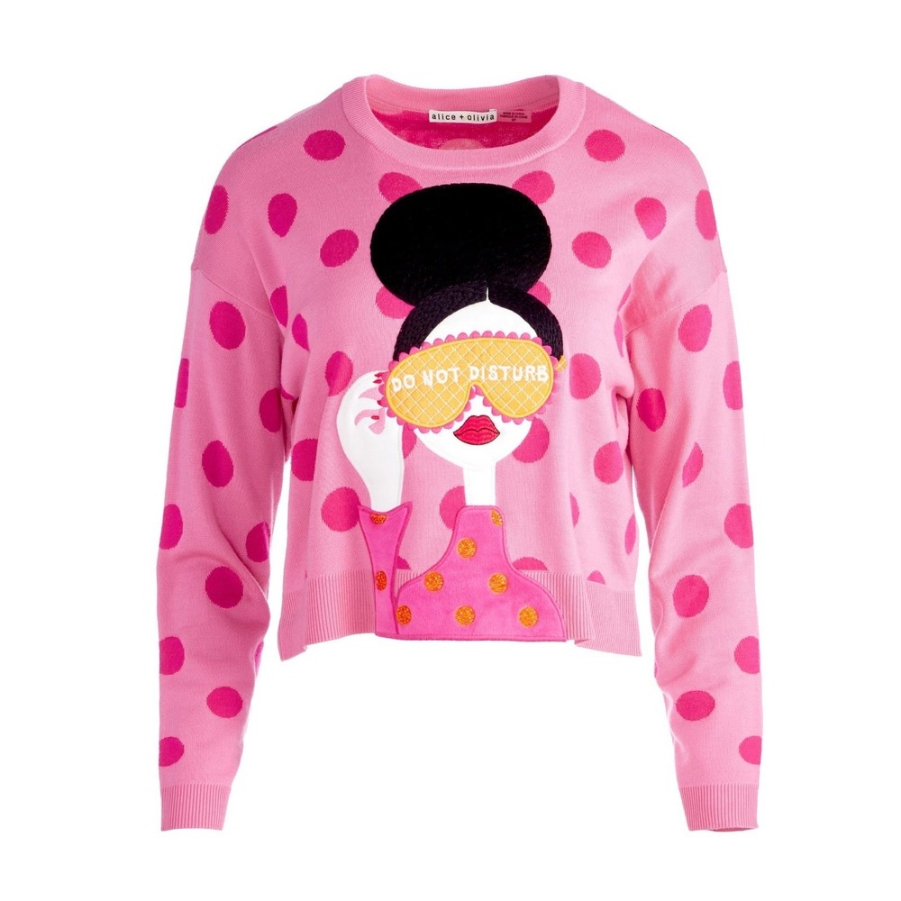 Alice + Olivia Gleeson Stace Face Do Not Disturb Pink Polka Dot Wool Sweater L